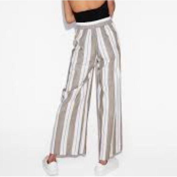 Express High Waisted Striped Surplice Wide Leg Cotton Pant-tan/white flowy pants - Picture 2 of 10